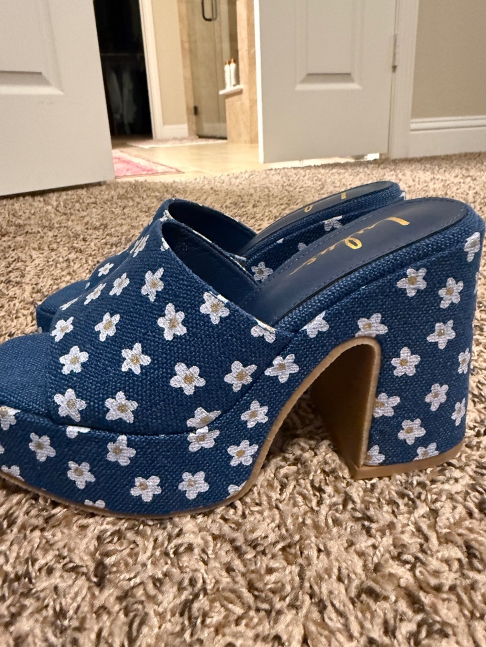 Lulus denim and floral print platform shoes